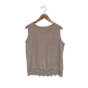 Laura Bianchi Linen Blouse Women’s Size Small Cream Pink Sleeveless Crochet Trim